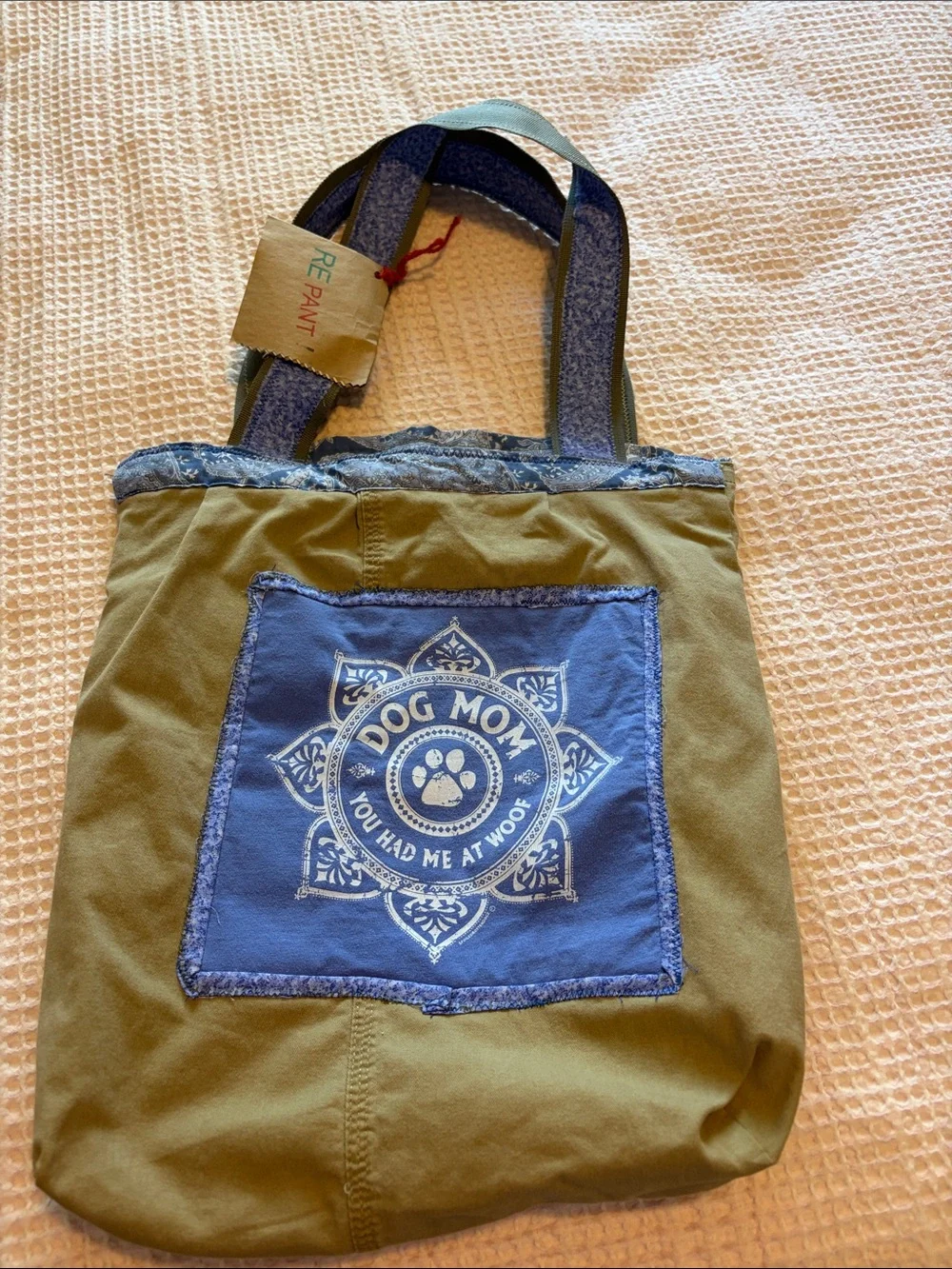Dog Mom Green & Blue Canvas Tote Bag by